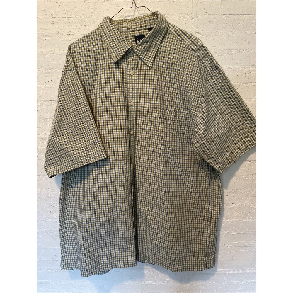 Gap Men’s Short Sleeve Plaid Button Down Collared Blue And Green XL